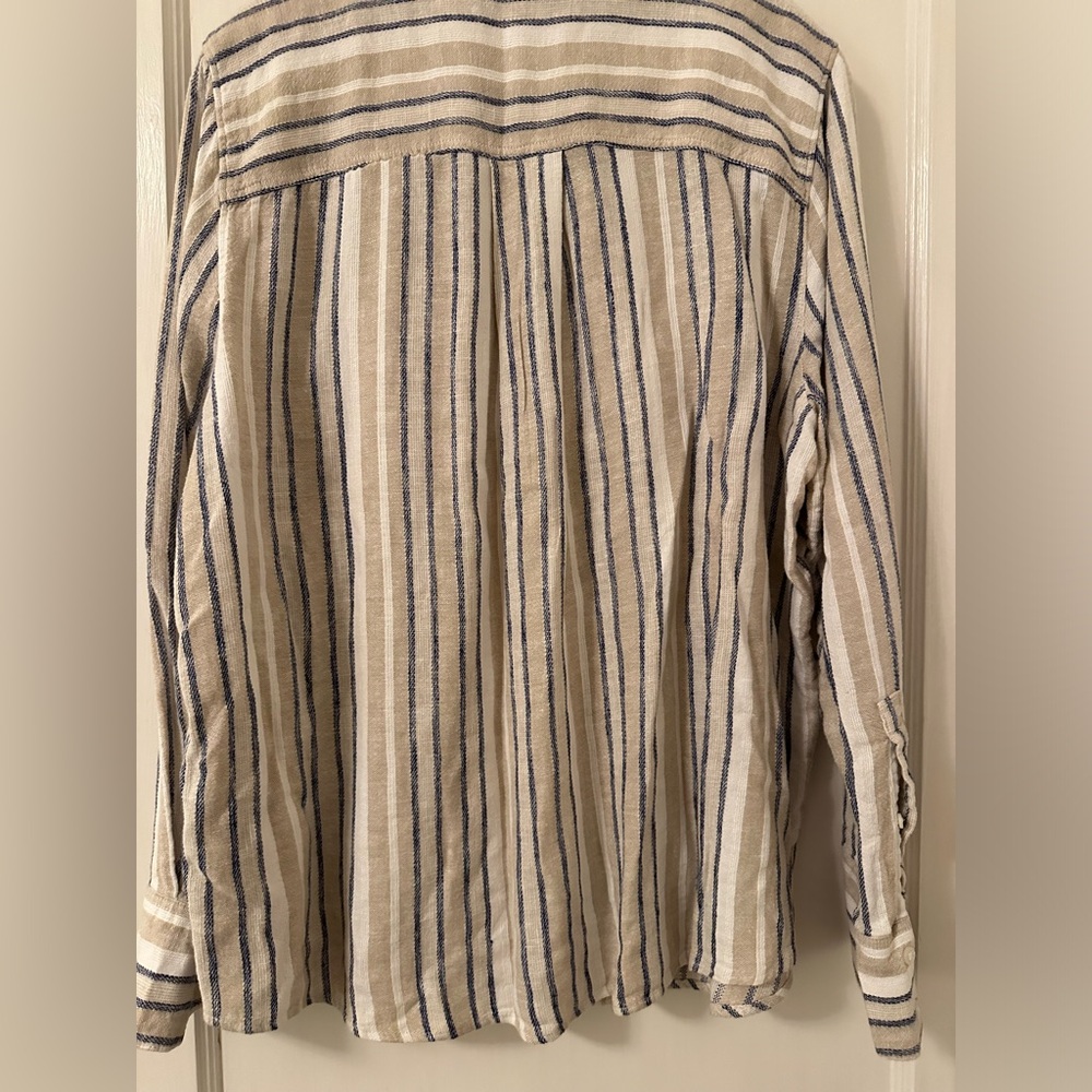 BANANA REPUBLIC Perfect Linen Striped Shirt | Blue Tan White | L - Picture 3 of 4